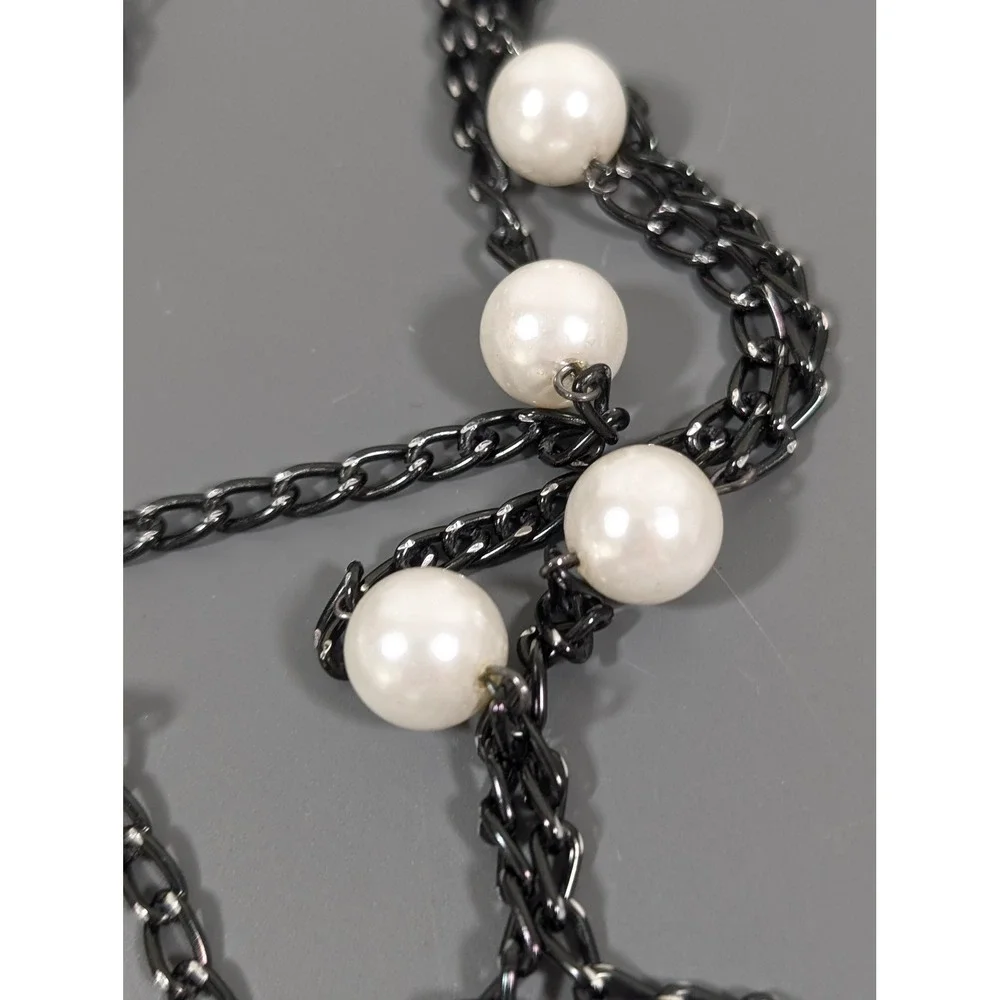 Gunmetal‎ Gray Multi Chain Faux Pearl Station Necklace Layered Long 31in